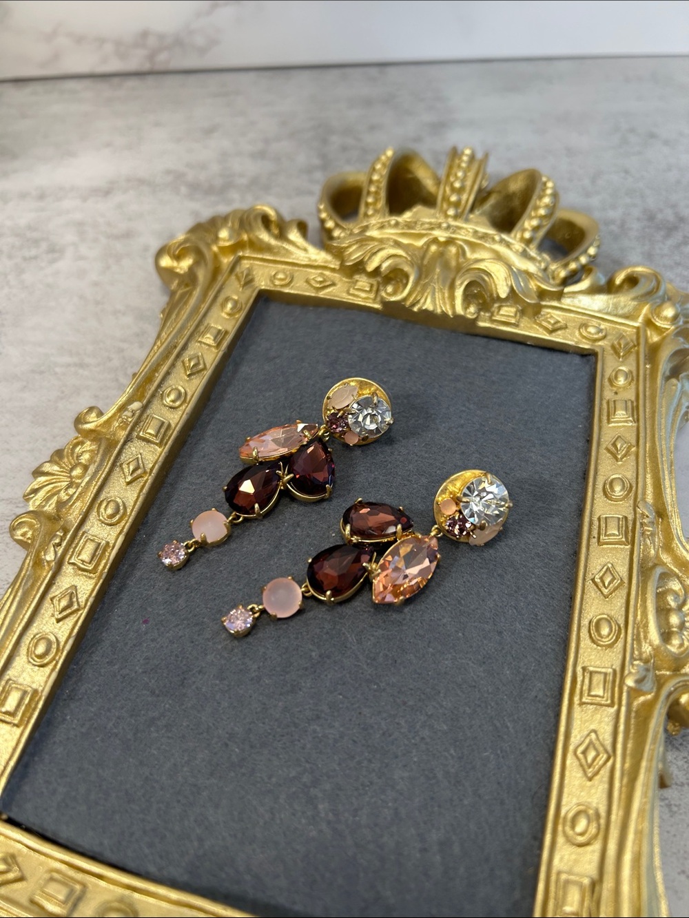 J. Crew Gold-Tone Statement Drop Earrings with Pink and Brown Crystals